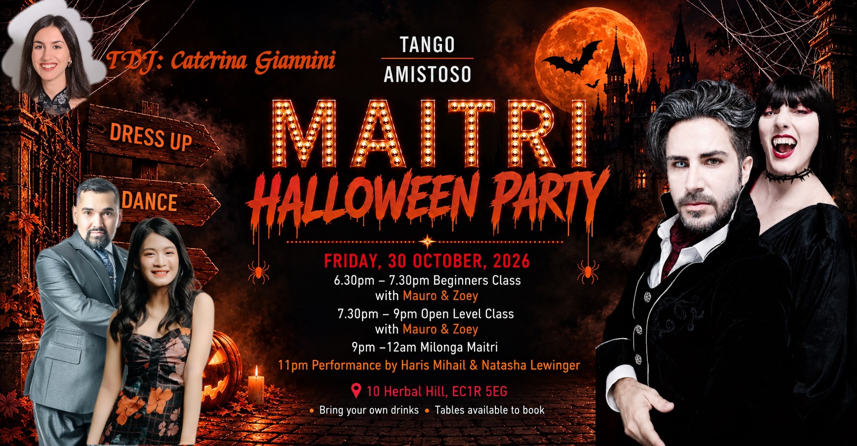 Halloween Milonga Maitri with Beginners and Open Level classes taught by Mauro Alejandro Mol and Zoey Ma, TDJ Caterina Giannini and a special performance by Haris Mihail and Natasha Lewinger.
