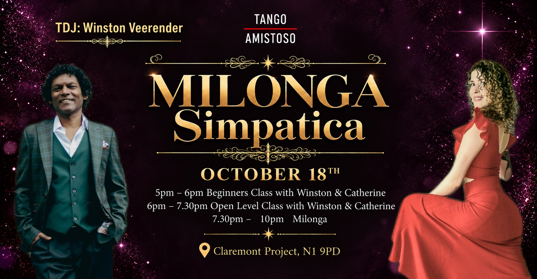 Sunday Beginners and Open Level classes with Catherine Vuilleumier, followed by Milonga Simpatica.