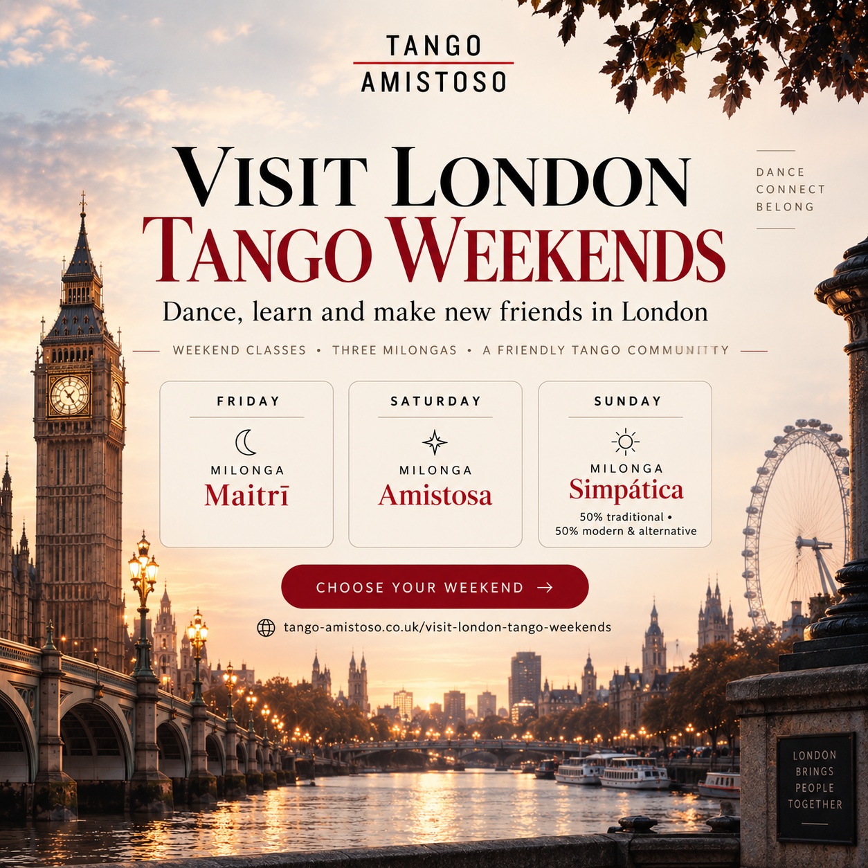 Three days of classes and milongas with the Tango Amistoso community, 11–13 December 2026.
