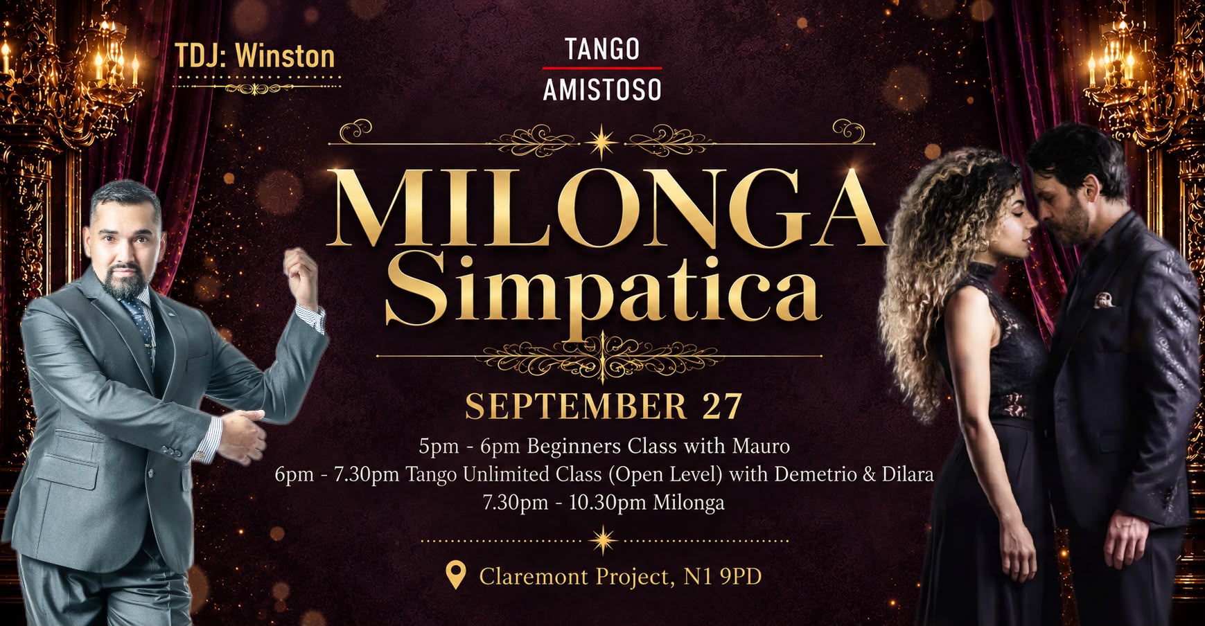 Milonga Simpatica on Sunday 27 September 2026 with Demetrio Scafaria and Dilara Ogretmen