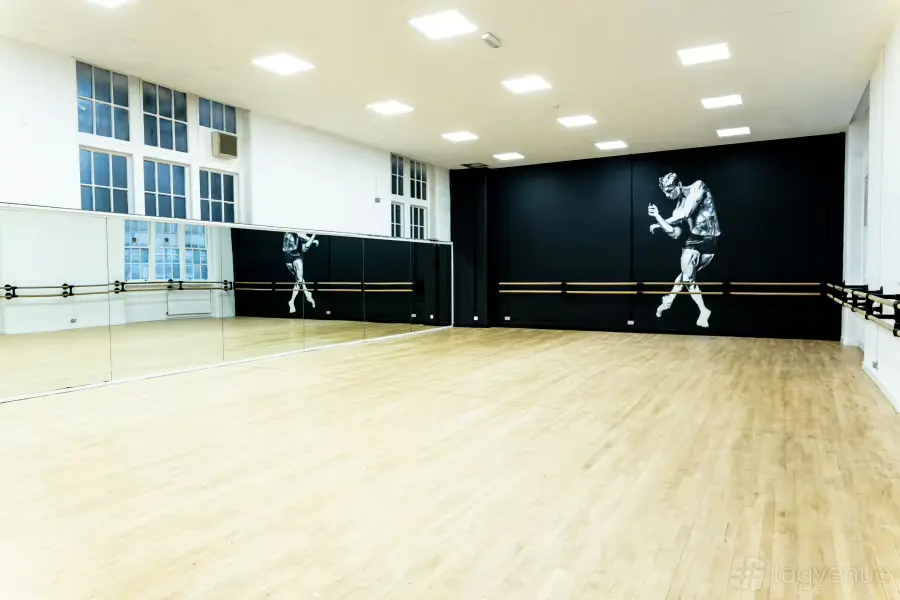 Bright mirrored dance studio with wooden floor at 10 Herbal Hill, Farringdon