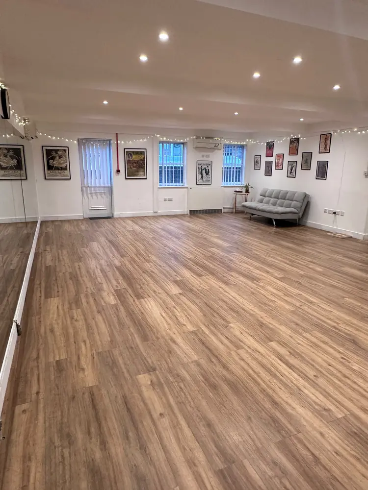 Welcoming wooden-floor dance studio at 41 Uxbridge Road in Shepherd’s Bush