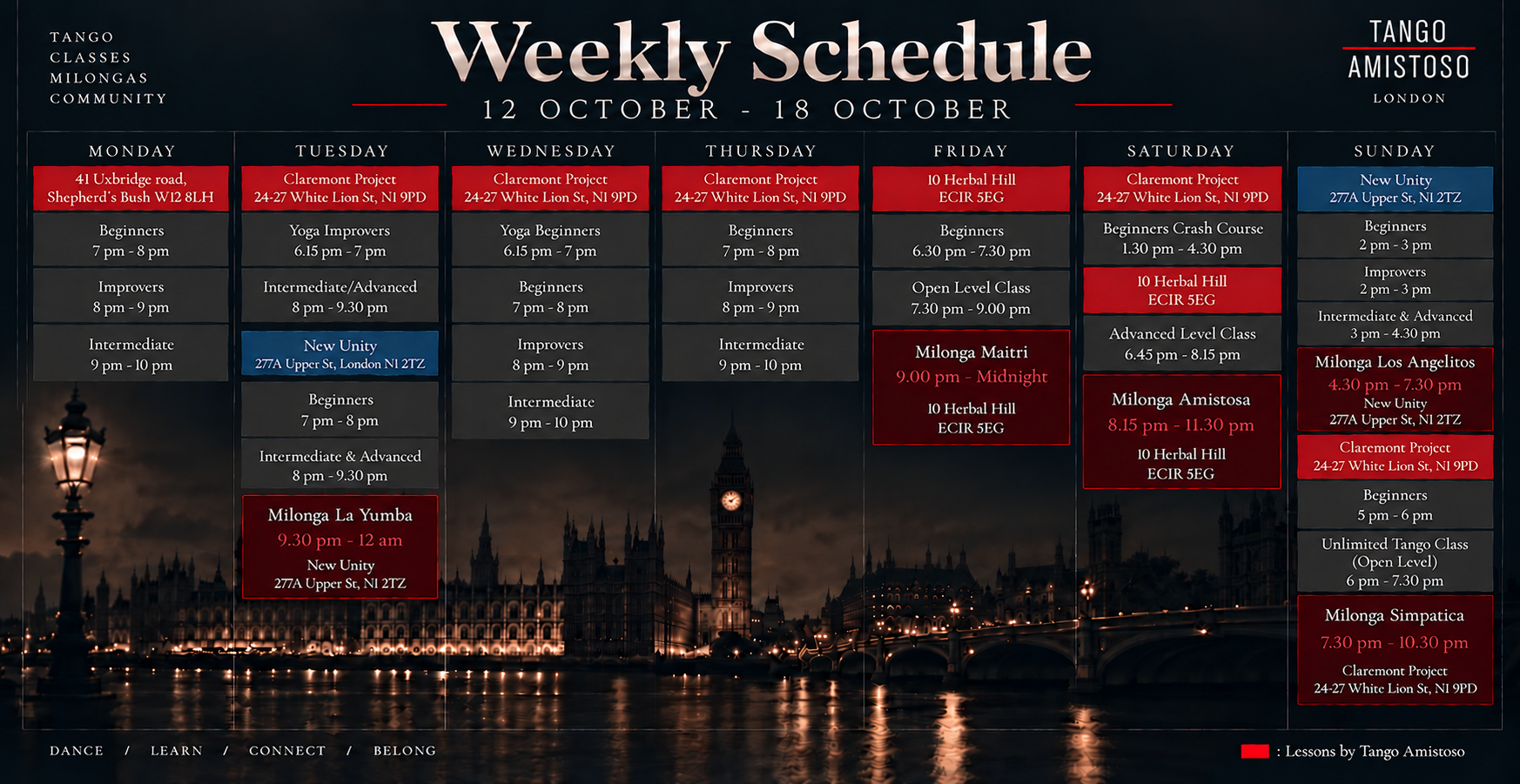 Tango Amistoso weekly schedule for 12–18 October 2026, with Argentine tango classes and milongas in London.