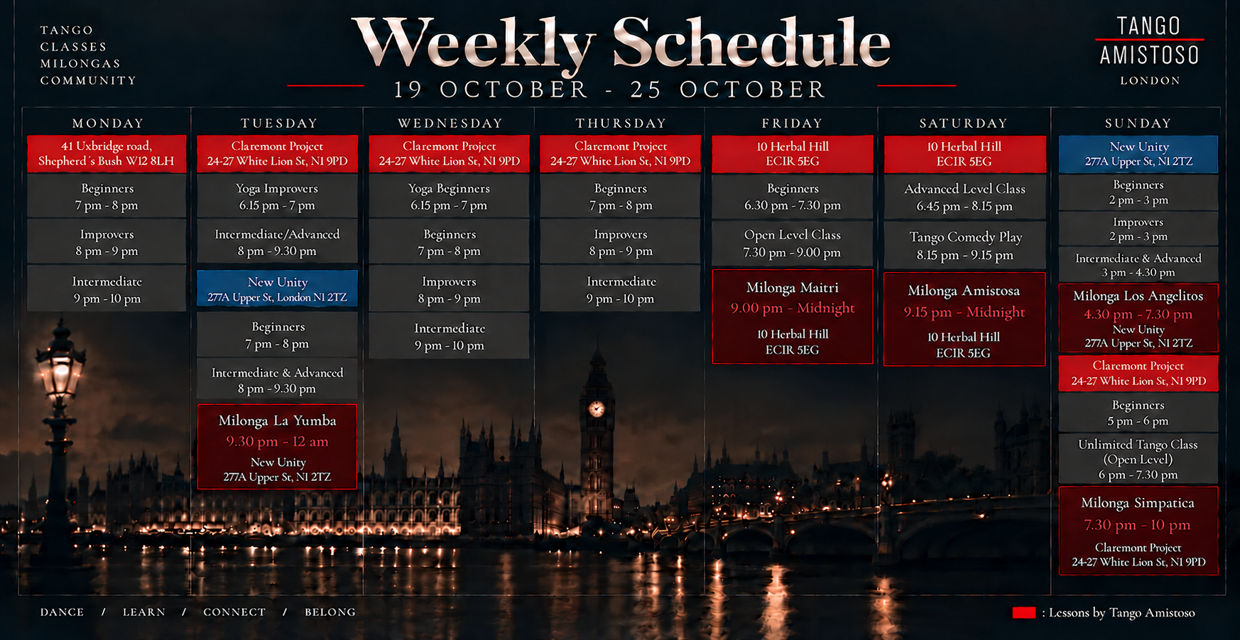 Tango Amistoso weekly schedule for 19–25 October 2026, including Tuesday yoga, Saturday tango comedy and Sunday Milonga Simpatica until 10pm.