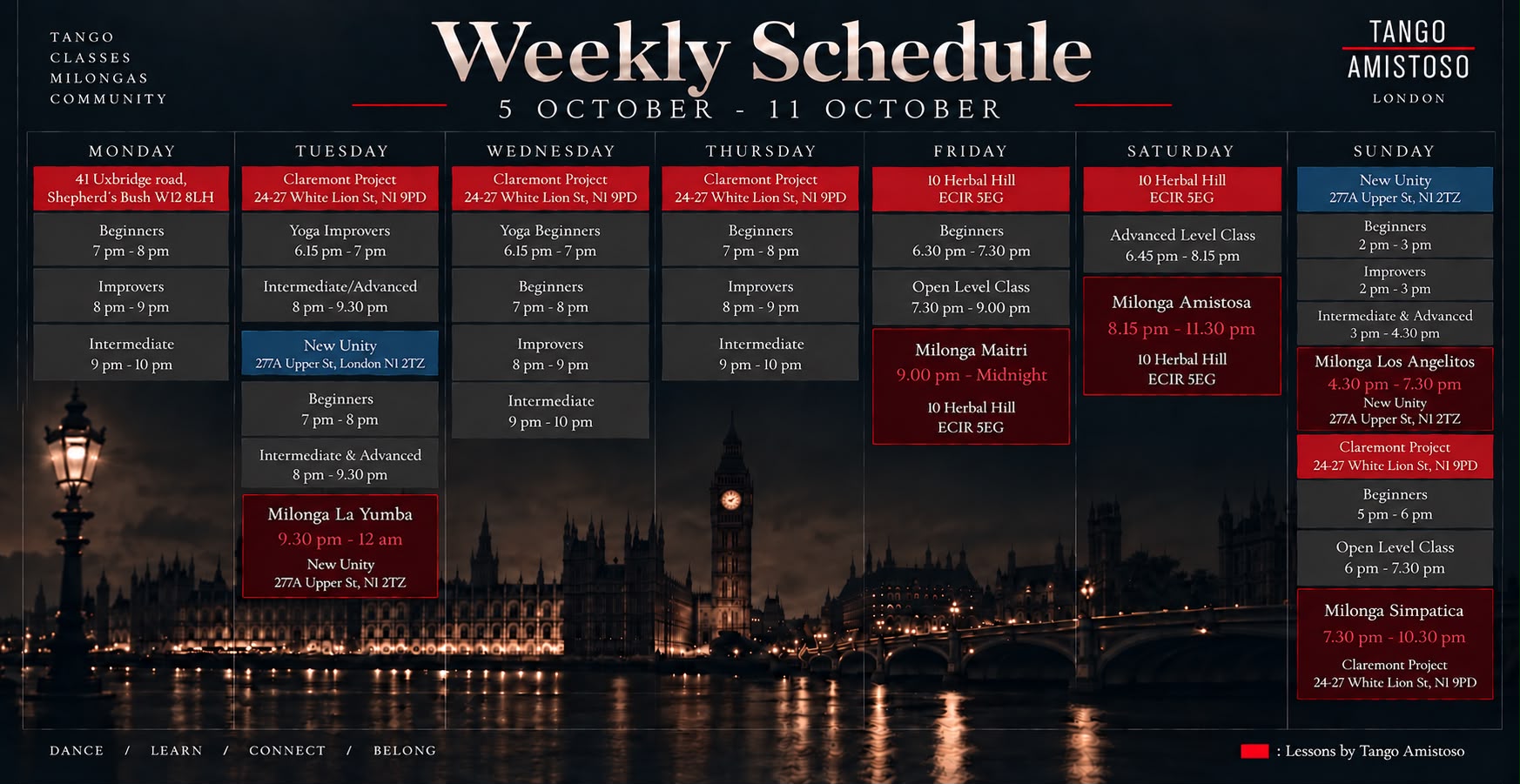 Tango Amistoso weekly schedule for 5–11 October 2026